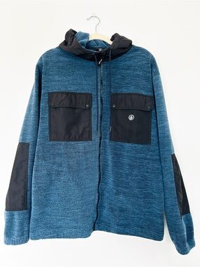 Volcom YZZOLATER LINE Blue Hooded Fleece Jacket with Black Pocket Panels